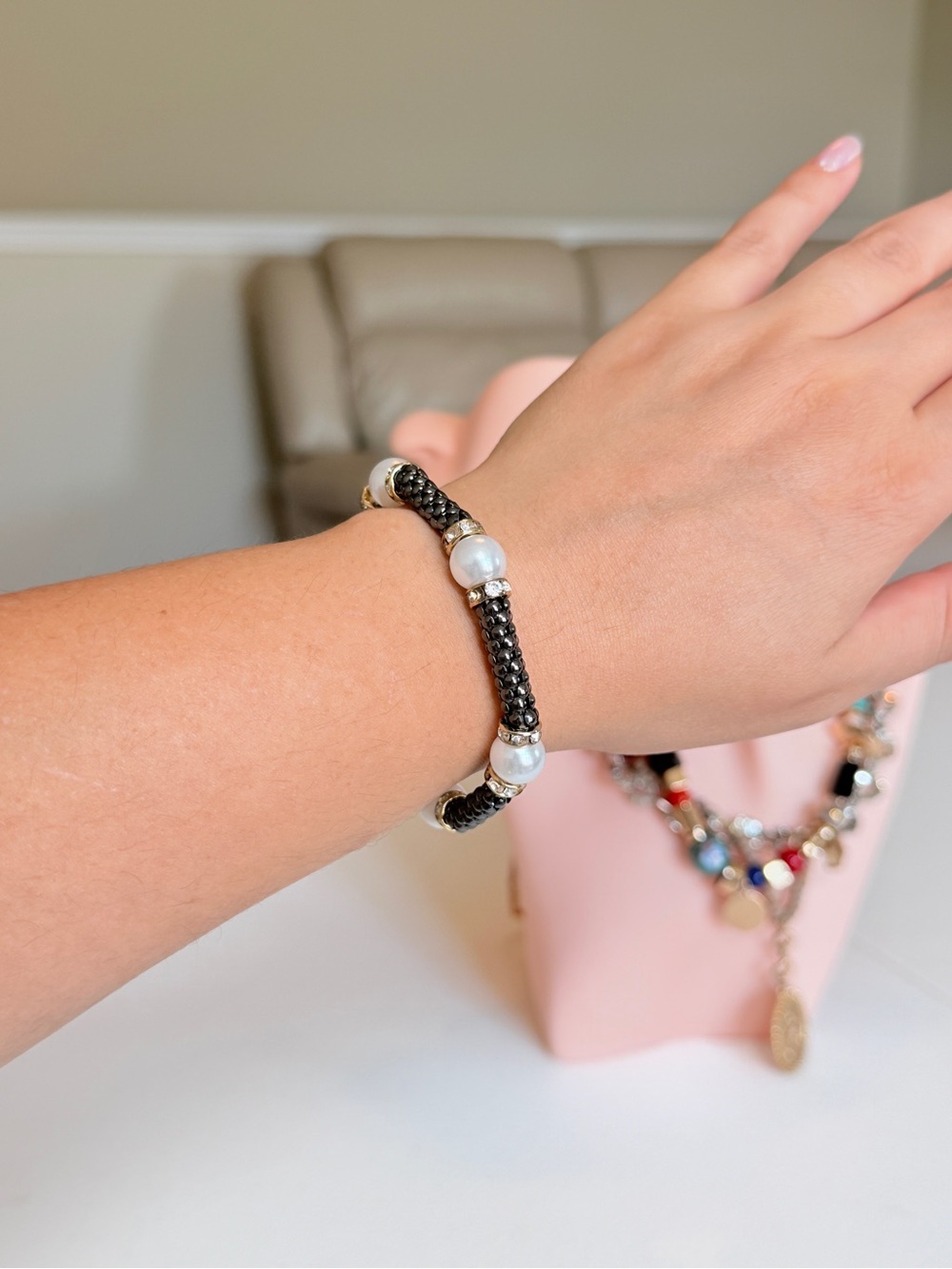 Black Bracelet with Pearl Accents